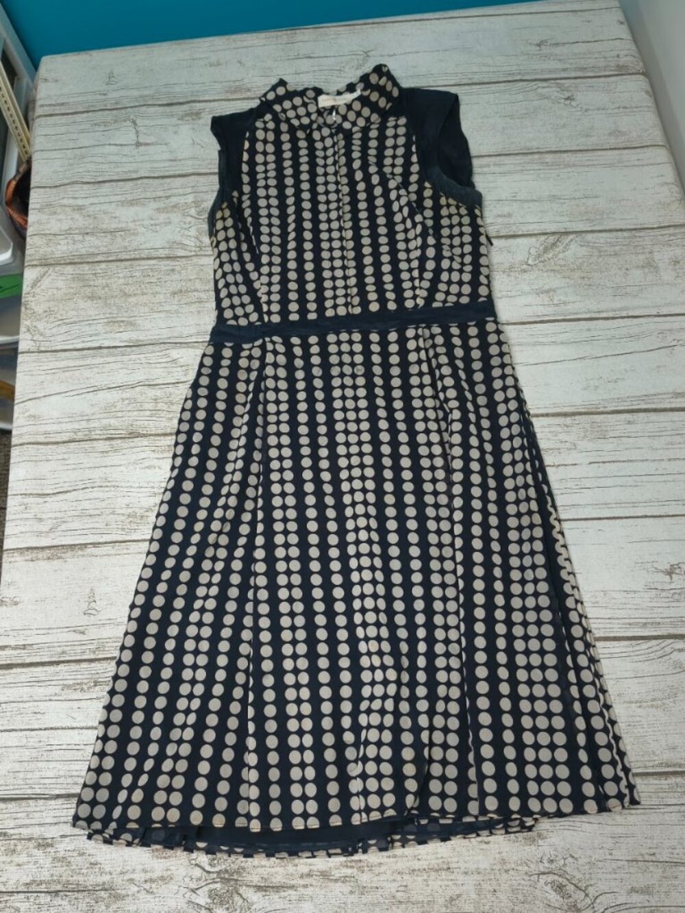 Tory Burch Navy Cream Polka Dot Fit Flare Silk Dress Size 6